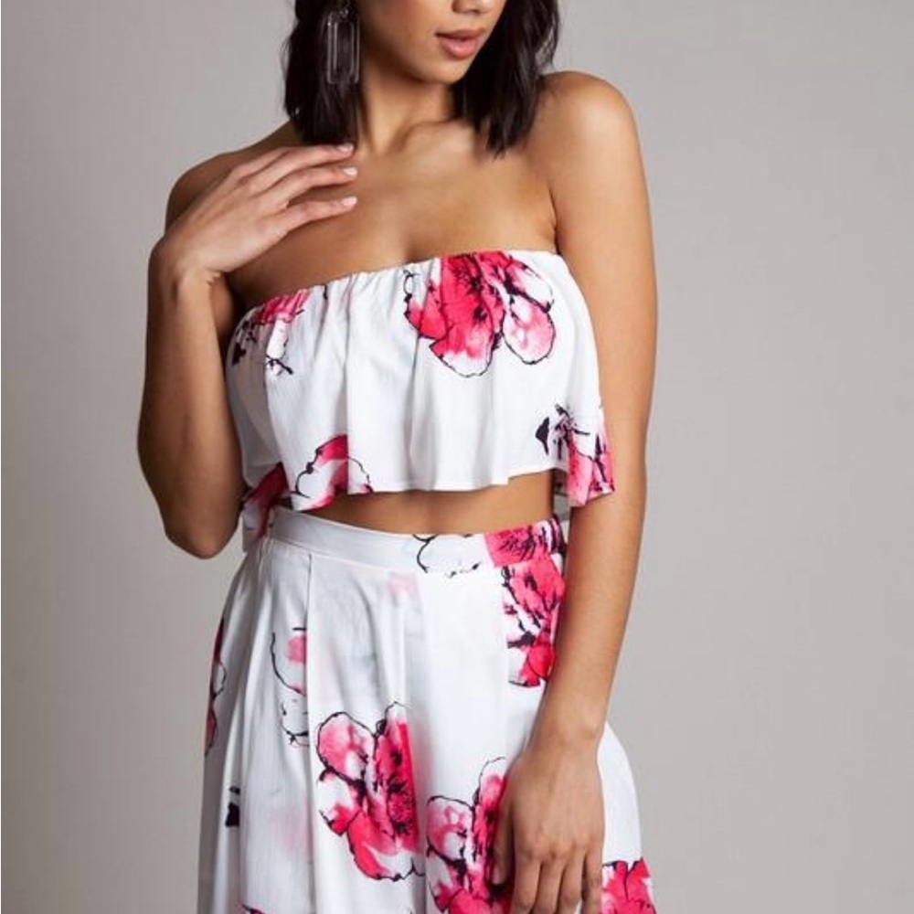 Floral White and Pink Two-Piece Maxi Skirt Set - Picture 2 of 3